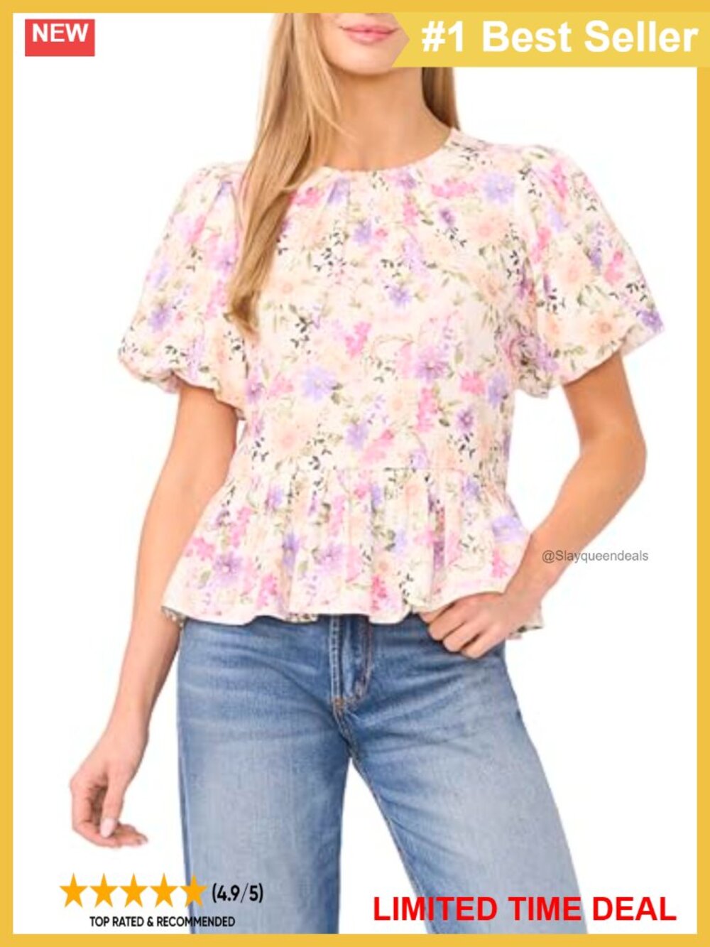 Linen Floral Puff Sleeve Peplum Blouse